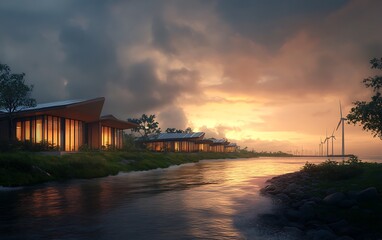 Obraz premium A serene landscape of modern architecture beside a river at sunset, highlighting reflection, tranquility, and natural beauty.
