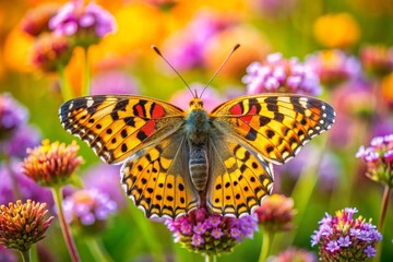 Naklejka premium Leopard Butterfly Close-Up Collecting Nectar on Wild Flowers in Daylight, Vibrant Macro Nature Photography, Delicate Beauty and Tranquility in Blooming Meadow neon color