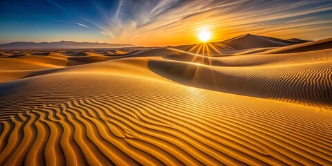 Naklejka premium A Golden Desert Landscape Bathed in the Warm Glow of a Setting Sun, Its Sand Dunes Forming Elegant Waves Under a Sky Painted with Hues of Azure and Crimson.