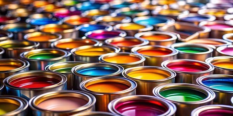 Vibrant Paint Cans in a Colorful Display with Tilt-Shift Effect, Showcasing a Variety of Hues and Textures, Perfect for Art Projects and Creative Inspirations