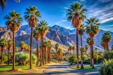 Vibrant Palm Springs Desert Landscape with Lush Palm Trees, Mountain Backdrop, and Clear Blue Sky Ideal for Travel and Vacation Imagery