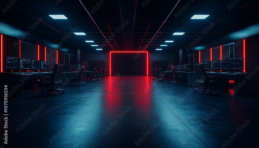 Aufkleber a dark, futuristic room with glowing red accents and computer setups along the sides, creating a tec