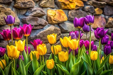 Vibrant Purple and Yellow Tulips Blooming Along a Textured Rock Wall with Ample Copy Space for Design or Text Overlay