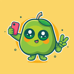 happy guava fruit character mascot taking a selfie with a smartphone isolated cartoon 