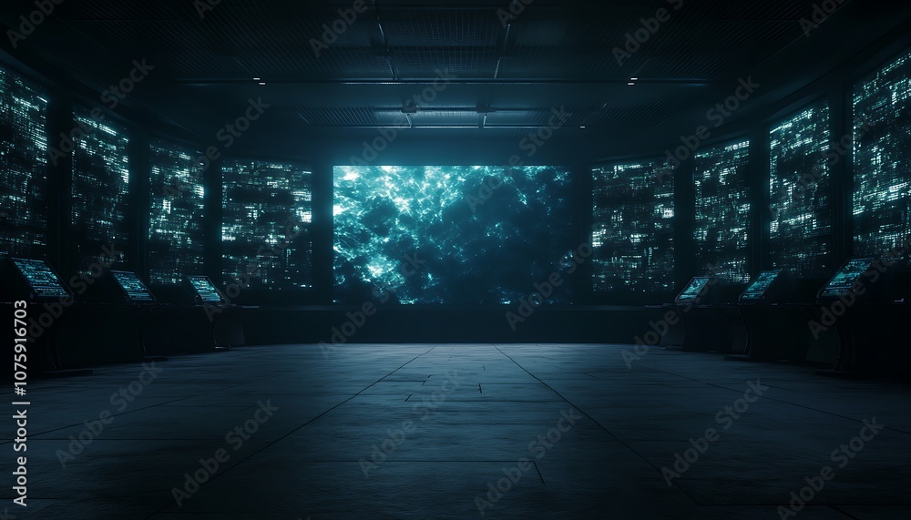 Aufkleber a dark, futuristic room filled with glowing screens, creating an immersive and high-tech atmosphere.