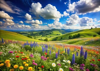 Vibrant Rolling Green Hills with Blooming Wildflowers Under a Bright Blue Sky and Fluffy Clouds in a Picturesque Landscape Photography Scene