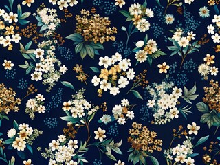 Vintage Floral Pattern Featuring Small White Flowers on Dark Blue Background for Fashion and Design, Perfect for Creative Projects and Unique Aesthetic Prints