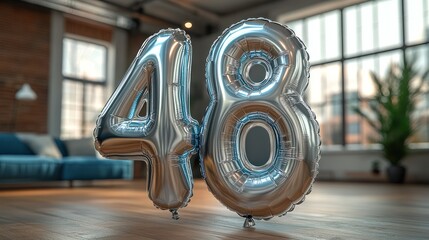 Silver balloons forming the number 48 in a modern living room.