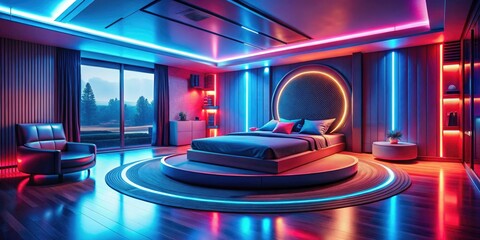 Imagine a sleek futuristic bedroom adorned with neon lighting, a round bed, and captivating tilt-shift photography, offering fresh inspiration for modern home decor design.