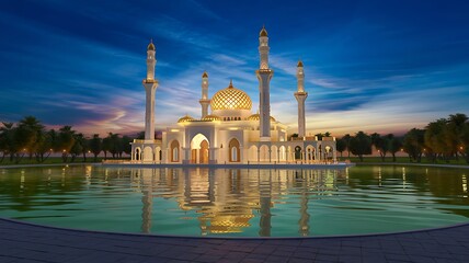 Naklejka premium Illuminated Mosque with Golden Domes Reflecting in a Calm Pond