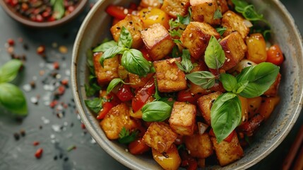 Fototapeta premium Close-up of a bowl of tofu stir-fry with peppers and basil.