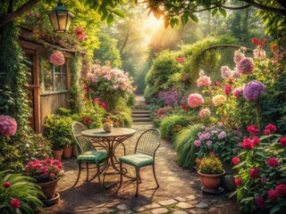 Fototapeta premium Vintage Style Garden Photography: A Serene Escape with Lush Flora and Soft Pastels for Tranquil Outdoor Scenes