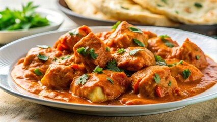 Indulge in Chicken Tikka Masala paired with bread, showcased in low light photography. Perfect for food blogs, menus, and various recipe books.