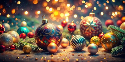 Vintage Style Photography of Abstract Colorful Christmas Ball Decorations with a Warm Holiday Atmosphere for Festive Celebrations and Seasonal Joy