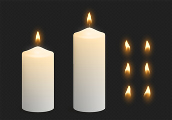 Wax candles with glowing light and flame variations. Realistic white paraffin candles. Vector illustration.