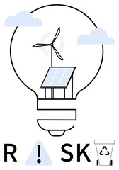 Solar panel and wind turbine inside a light bulb with RSK text and recycling bin. Ideal for sustainability, renewable energy, innovation, environmental awareness, risk management, clean technology