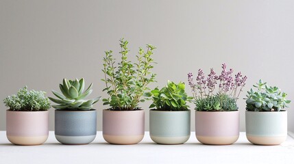 Fototapeta premium Arrange lush plants in pastel ceramic pots for a stylish home