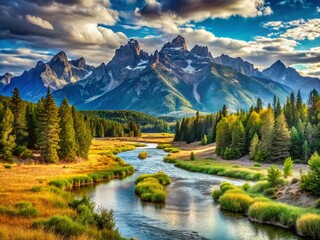 Fototapeta premium Vintage Style Photography of a Serene Stream Flowing Through a Sunny Summer Valley Surrounded by Lush Trees and Majestic Mountains in Picturesque Wyoming Landscape