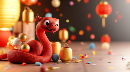 Naklejka premium Adorable 3D cartoon snake representing Chinese zodiac, surrounded by festive decorations and colorful confetti, creating joyful atmosphere
