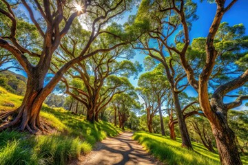 Madrone Trail in Cathedral Hills Park showcases a stunning landscape of vivid flora, soaring trees, and lush greenery, inviting hikers to explore nature's beauty and adventure.