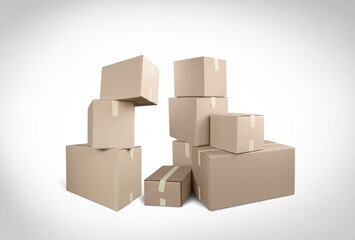 Stack of parcel cardboard boxes on background