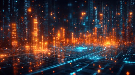 Obraz premium Abstract digital landscape with glowing data points and structures.