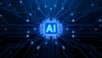 Glowing Purple AI Chip on Blue Circuit Board, Symbolizing Advanced Artificial Intelligence Technology.