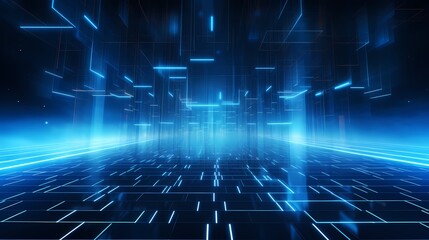 Obraz premium digital technology blue grid point line light beam poster background