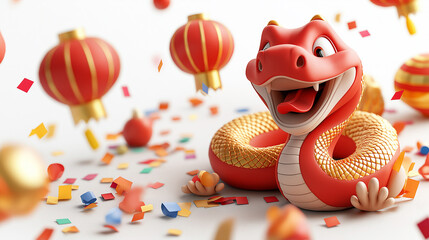 Charming 3D cartoon snake celebrating Chinese zodiac with festive decorations, lanterns, and confetti, radiating joy and excitement