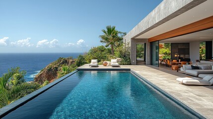 Fototapeta premium Modern villa with infinity pool overlooking the ocean.