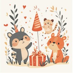 Obraz premium cute birthday wish message with animal illustrations