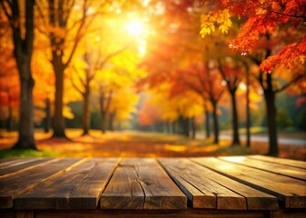Warm Autumn Park Landscape with Blurry Background and Abstract Tabletop Platform Perfect for Cozy Fall Decor and Seasonal Inspiration in Nature Photography