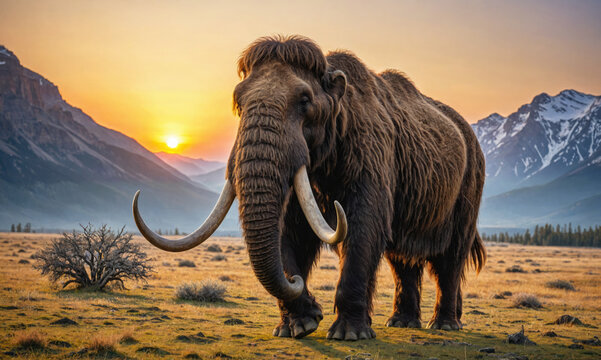 A large mammuth with tusks stands in a field with mountains in the background