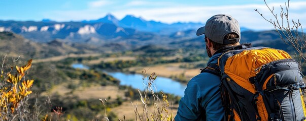 Lone prospector looking over valley, wide-brim hat and rugged clothes, sweeping view, adventure and exploration in uncharted territory