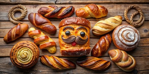 Whimsical French Moustache Dessert Display Featuring Pastries, Breads, and Artistic Plating for Culinary Enthusiasts and Food Photography Lovers