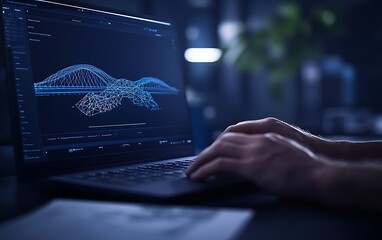 A hand operates a laptop displaying a digital 3D model of a car, illuminated in a dark setting, suggesting design or engineering work in progress.