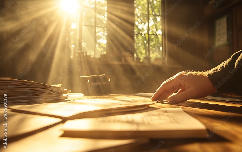 Poster a warm, sunlit room features a hand reaching for scattered papers on a table, highlighting a serene 