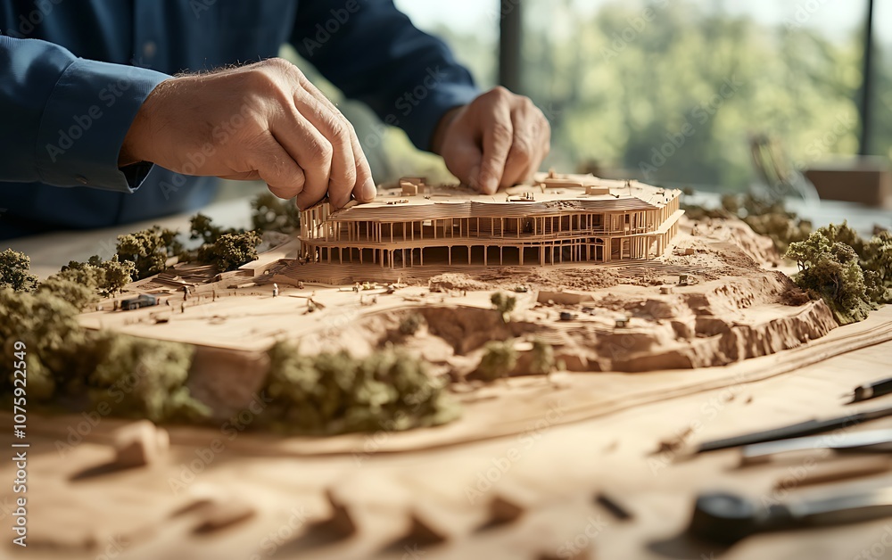 Poster a person is meticulously assembling a detailed architectural model, showcasing craftsmanship and cre