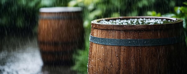 Fresh raindrops hitting rain barrels in a serene garden, concept of eco-friendly water harvesting
