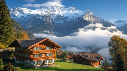 Picturesque Swiss village nestled in a valley with snow-capped mountains in the background.