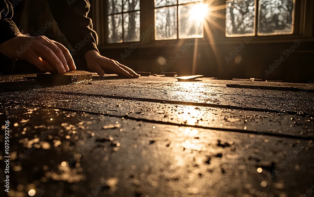 Poster a close-up of hands working on a sunlit wooden surface, dust particles floating in the air, capturin