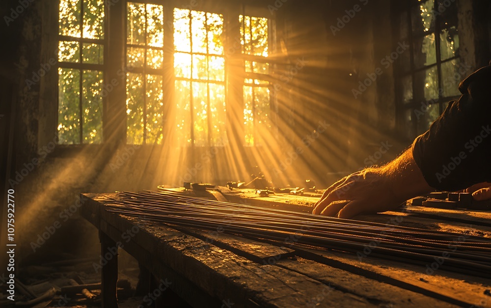Leinwandbilder a hand rests on a textured surface in a sunlit room, where rays of light stream through windows, cre