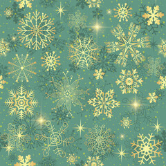 Vector hand drawn seamless winter pattern with glitter golden snowflakes on a green background
