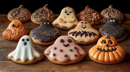 A variety of decorated Halloween cookies on a wooden table.