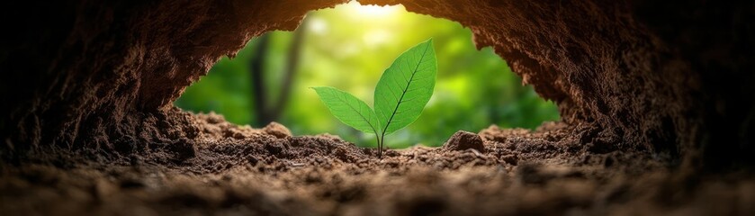 Naklejka premium Forgotten gold mine entrance in dense forest, overgrown path and eerie lighting, symbolizing hidden opportunity and mystery