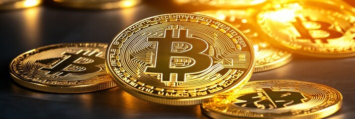 A close-up view of shiny Bitcoin coins, symbolizing the rise of cryptocurrency in the digital finance landscape with a warm glow.
