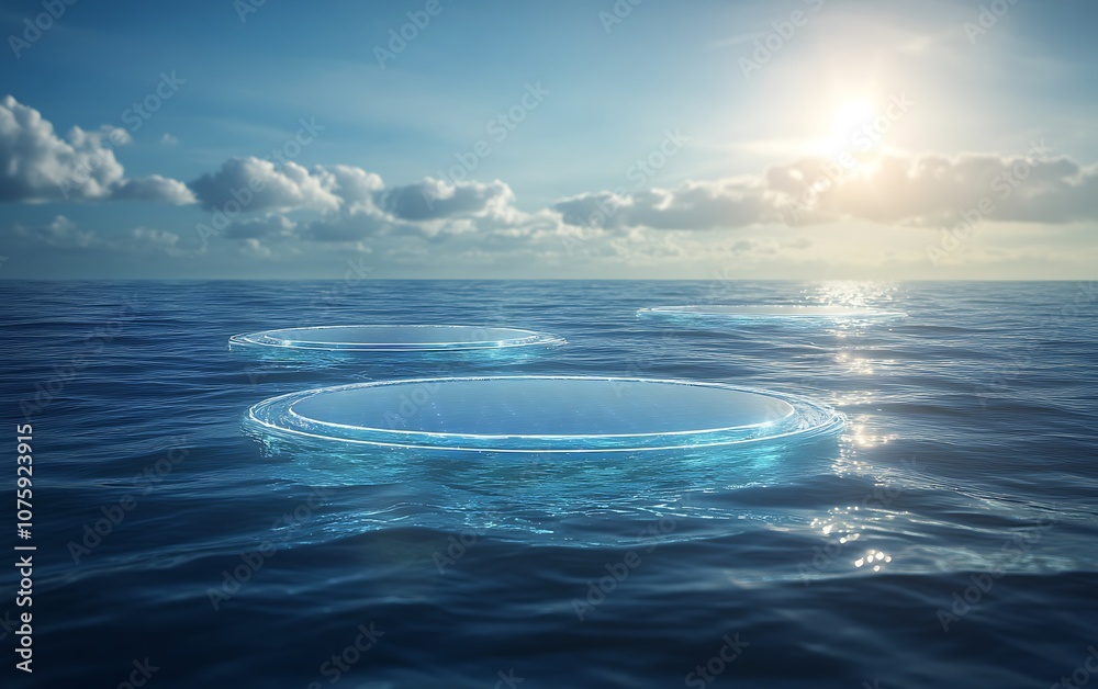 Aufkleber a serene ocean scene featuring a glowing circular structure on the water's surface under a bright, s