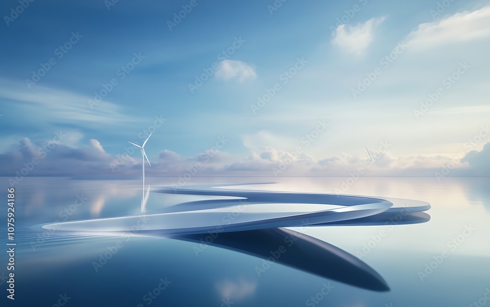 Poster a serene landscape featuring gentle waves in a tranquil ocean, with a clear sky and hints of clouds,