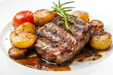 Grilled steak with roasted potatoes and tomatoes. (1)