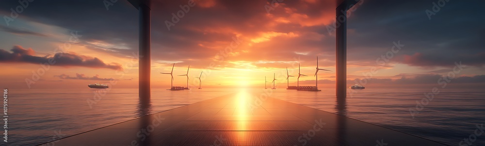 Poster a stunning sunset over the ocean, framed by pillars, casting a warm glow on the water and creating a